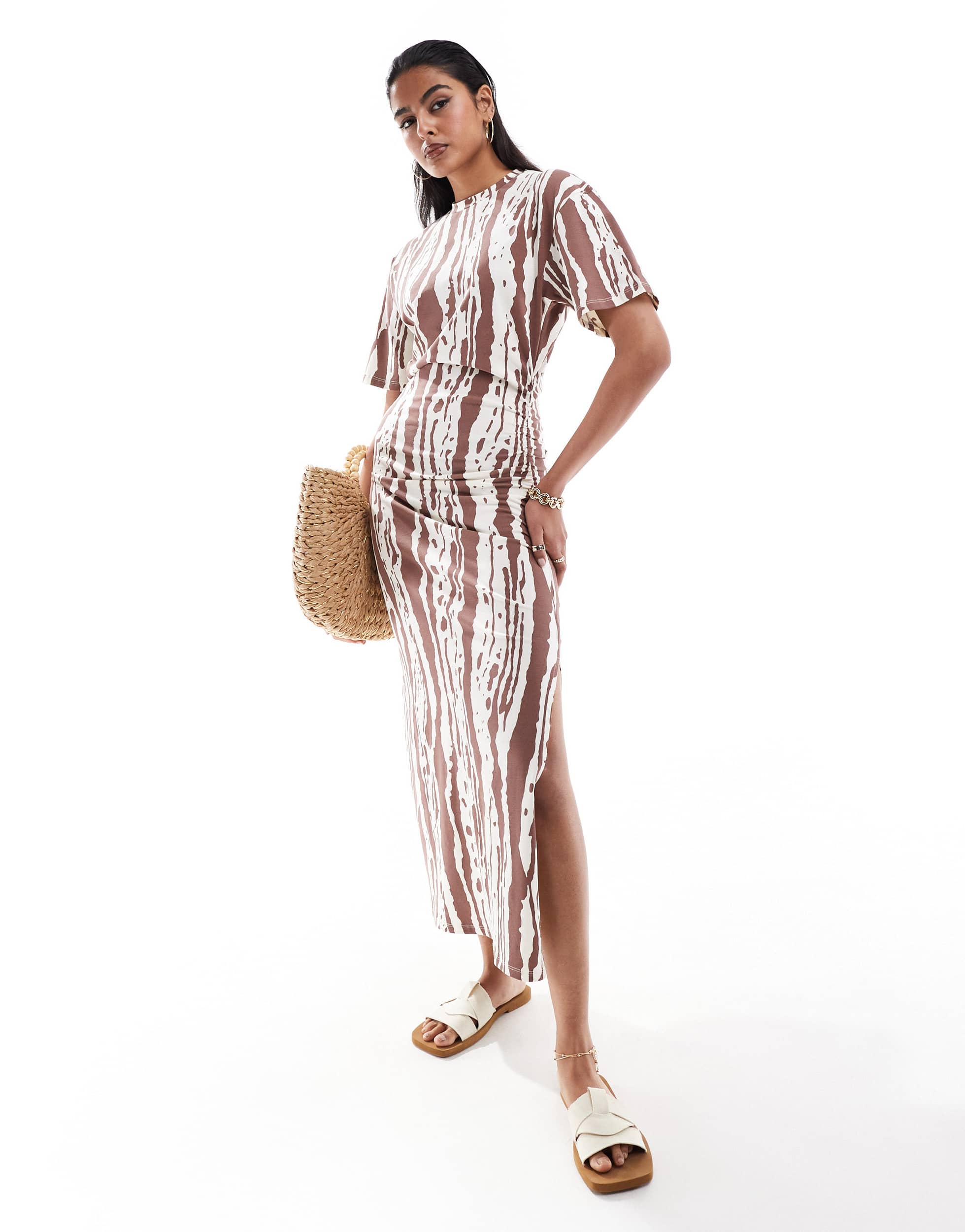 ASOS DESIGN crew neck midi t shirt dress with ruched side in animal print