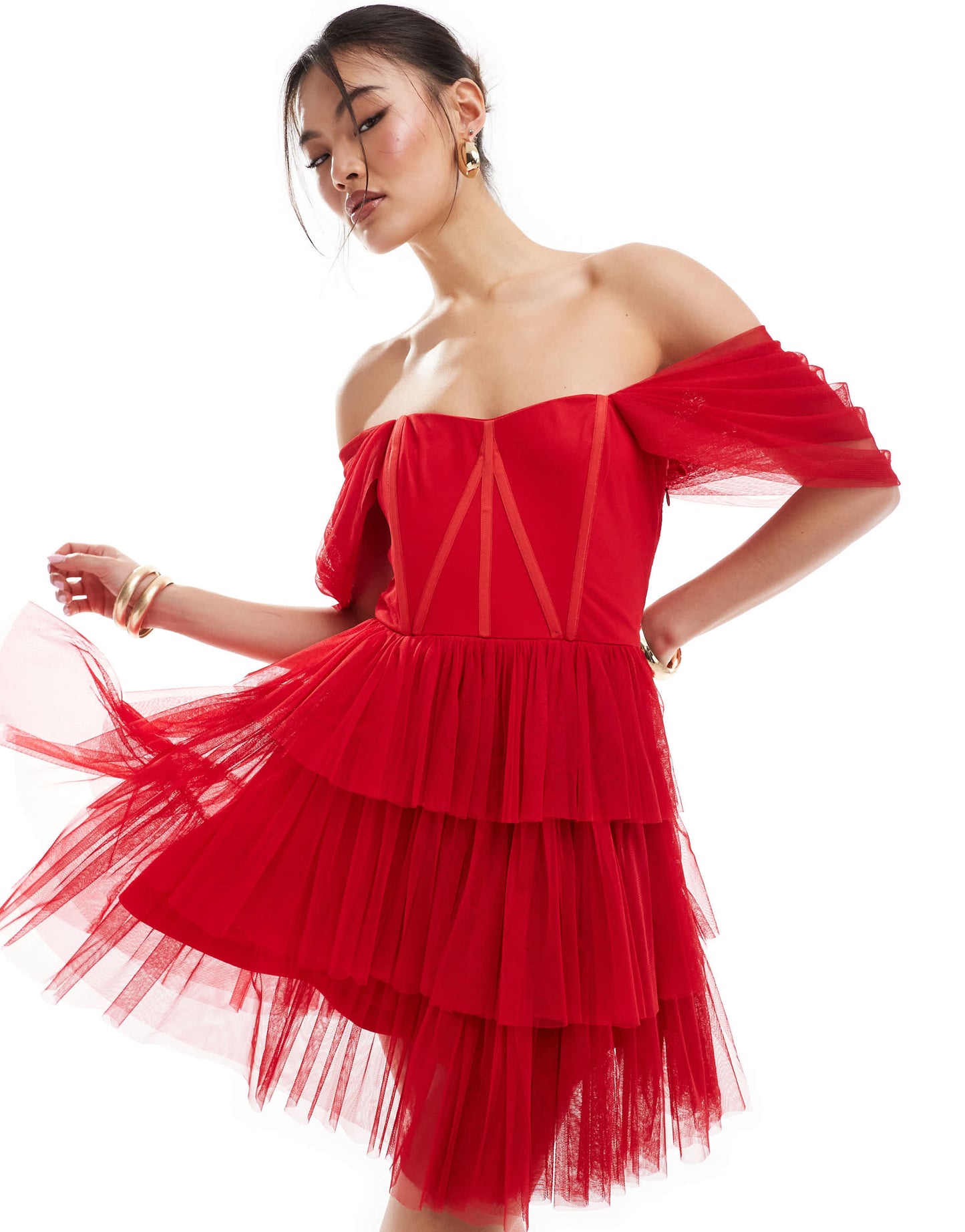 Lace & Beads off shoulder corset tulle mini dress in red