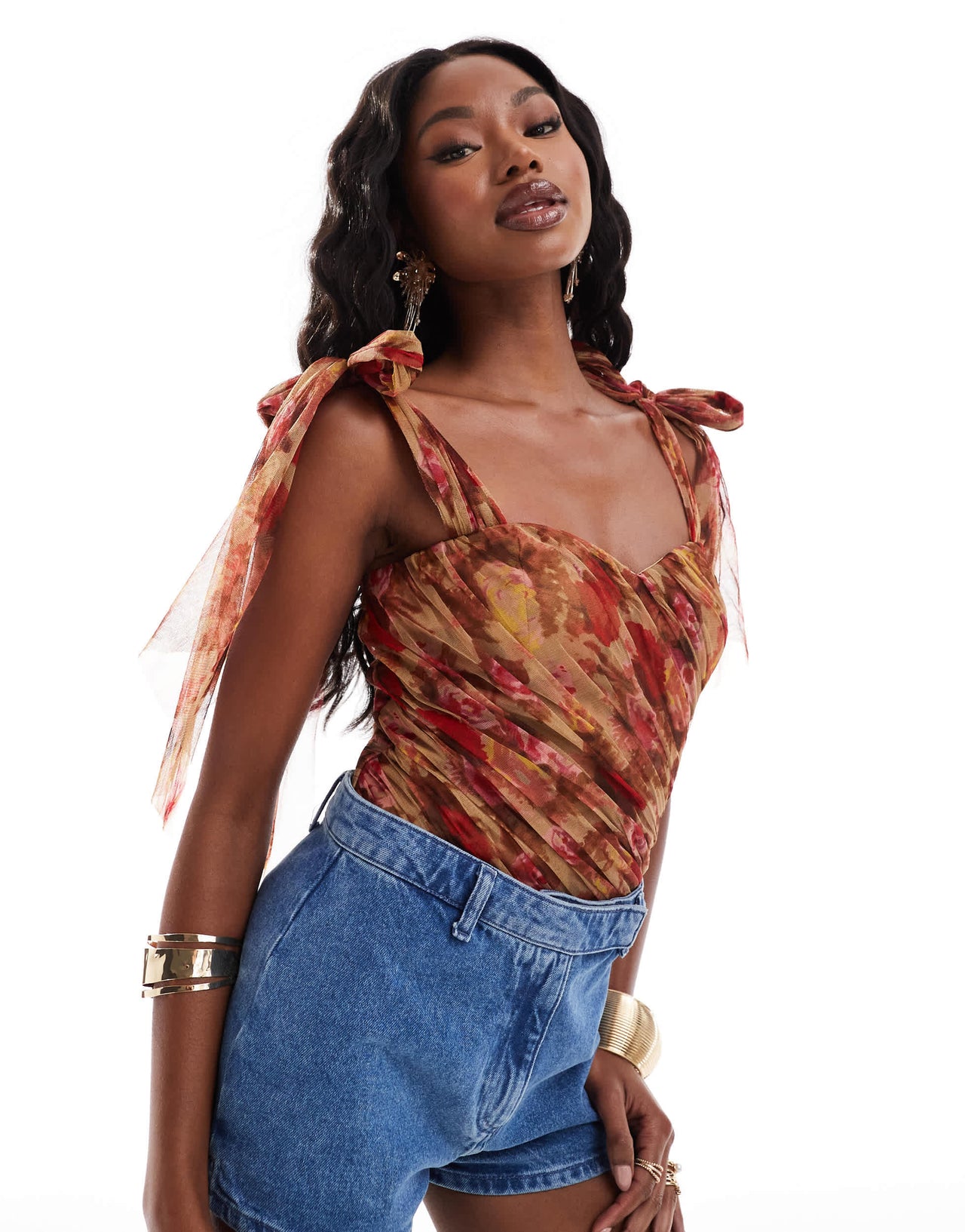 Lace & Beads bow shoulder bodysuit in rose print