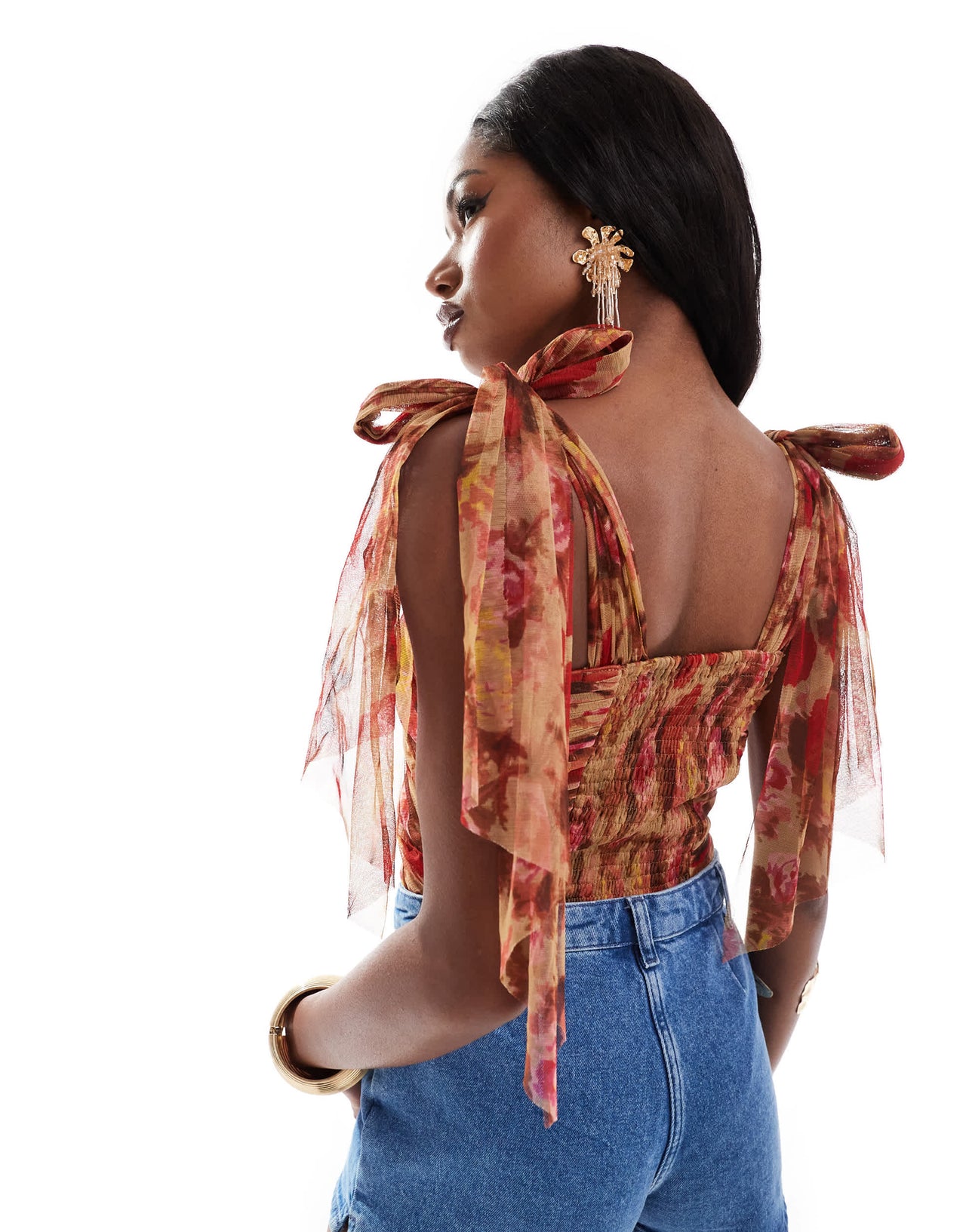 Lace & Beads bow shoulder bodysuit in rose print