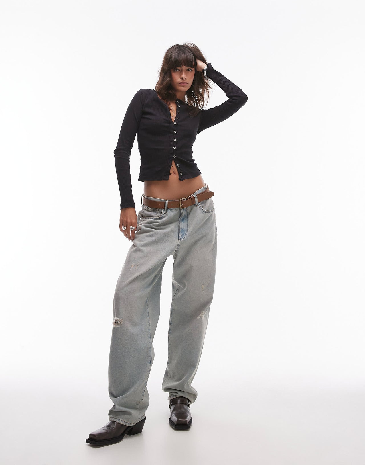 Free People button through ribbed shrunken cardigan in washed black