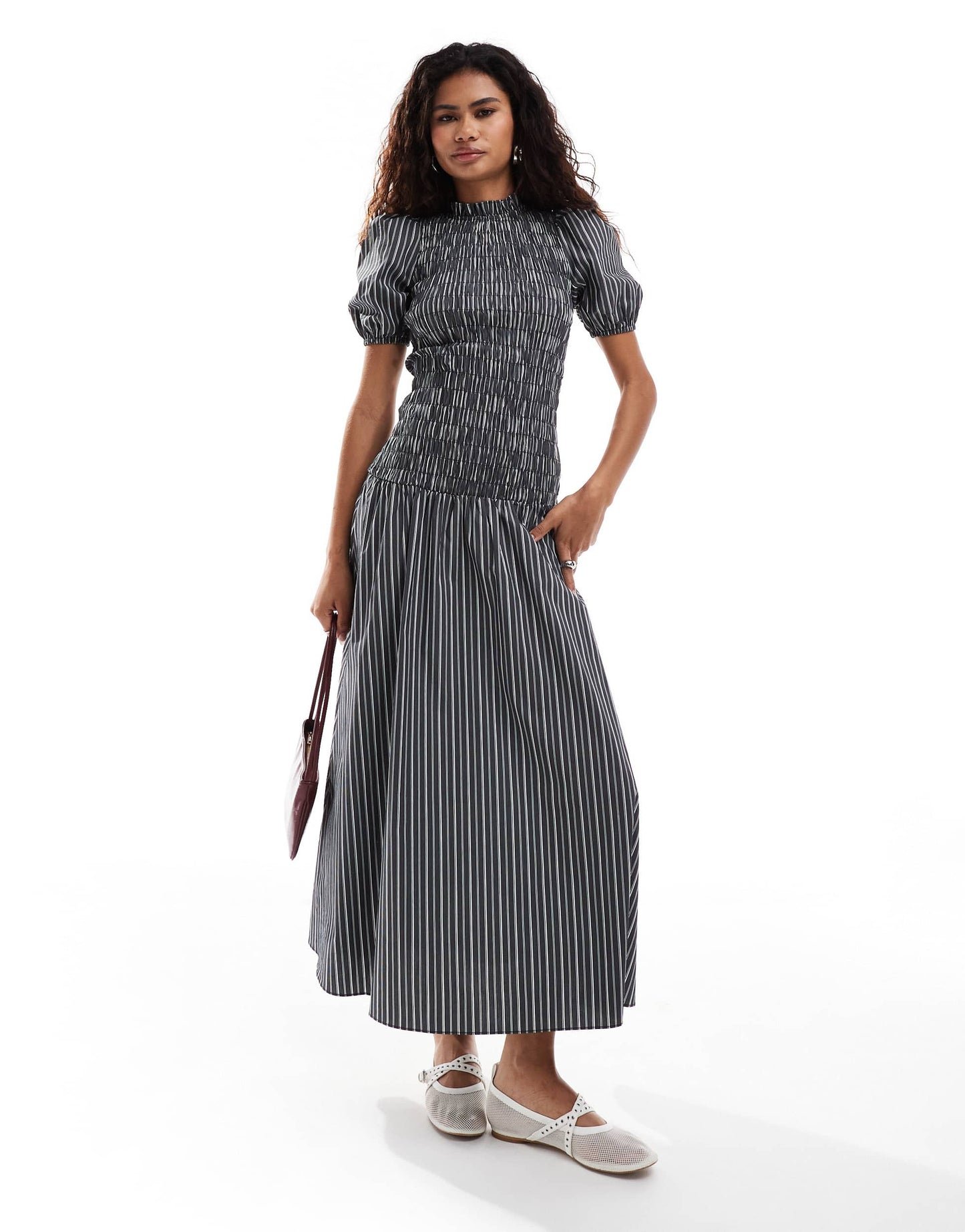 Glamorous shirred high neck maxi dress in micro black stripe