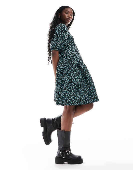 Glamorous drop waist mini smock dress in blue floral jaquard