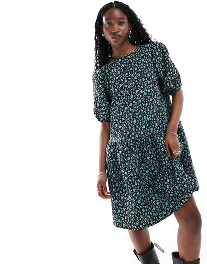 Glamorous drop waist mini smock dress in blue floral jaquard