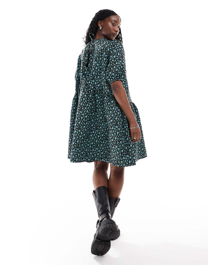 Glamorous drop waist mini smock dress in blue floral jaquard
