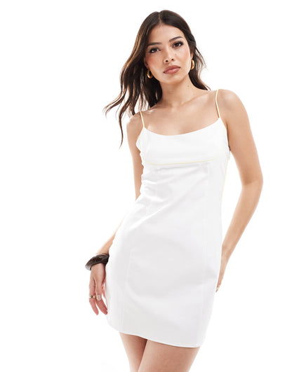ASOS DESIGN strappy mini dress with contrast buttermilk trim in white