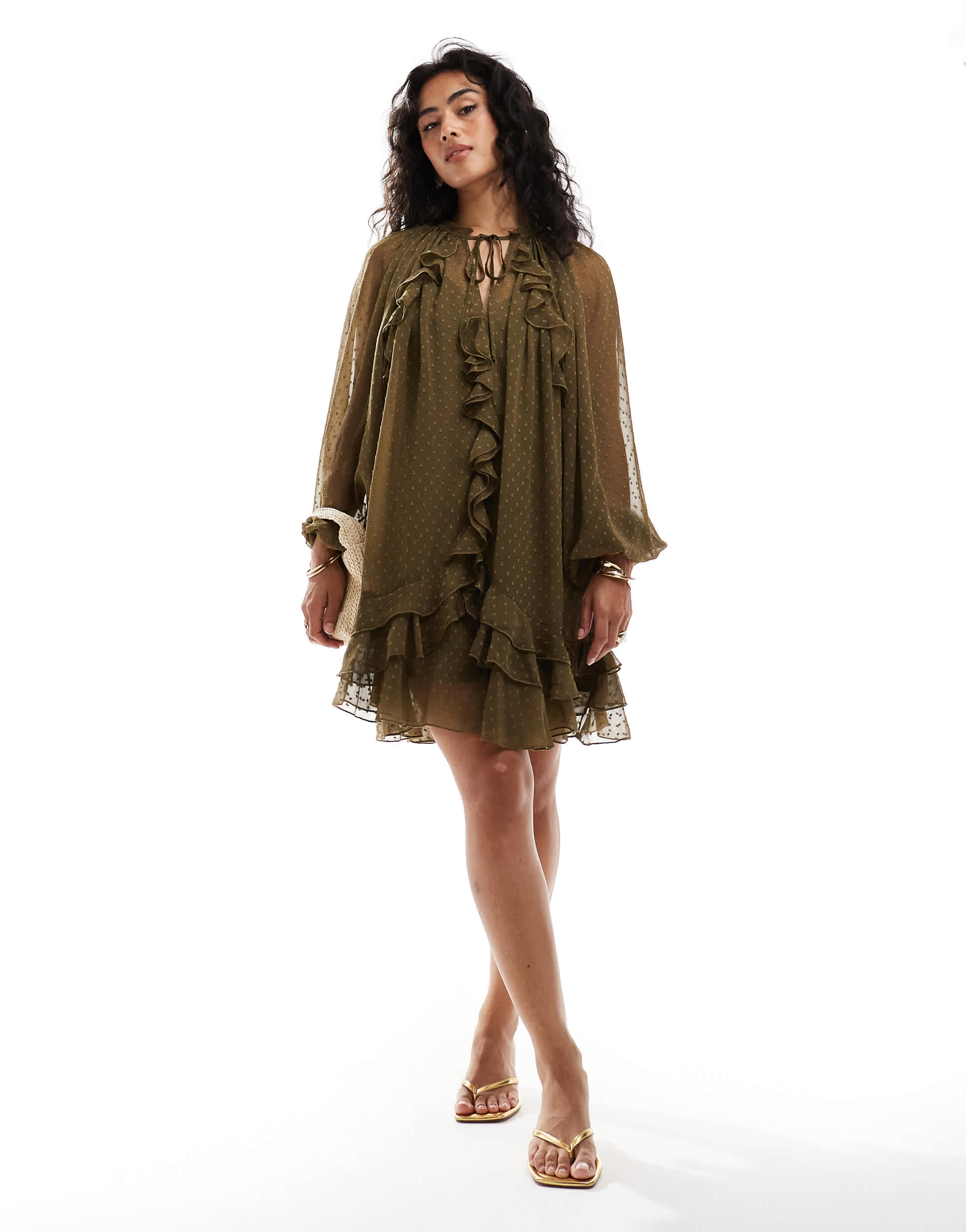 ASOS DESIGN dobby chiffon mini dress with ruffles & blouson sleeve in dark green
