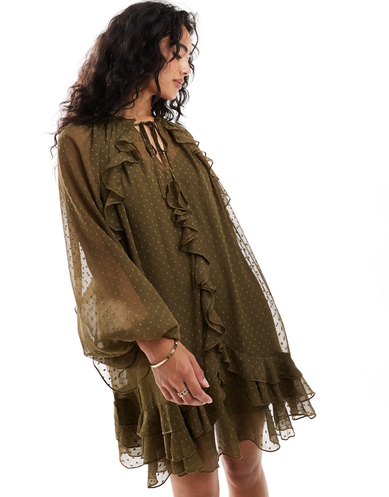 ASOS DESIGN dobby chiffon mini dress with ruffles & blouson sleeve in dark green