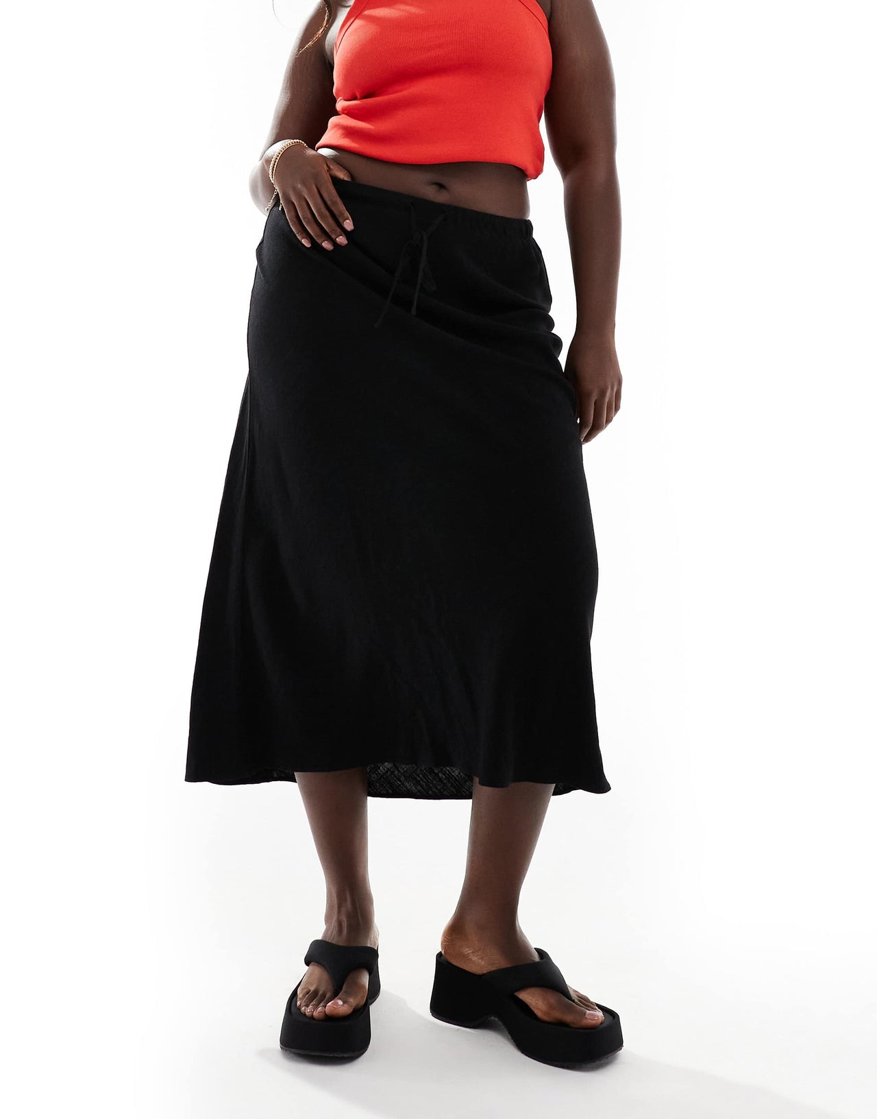 ASOS DESIGN Curve linen look tie waist bias midi skirt in black