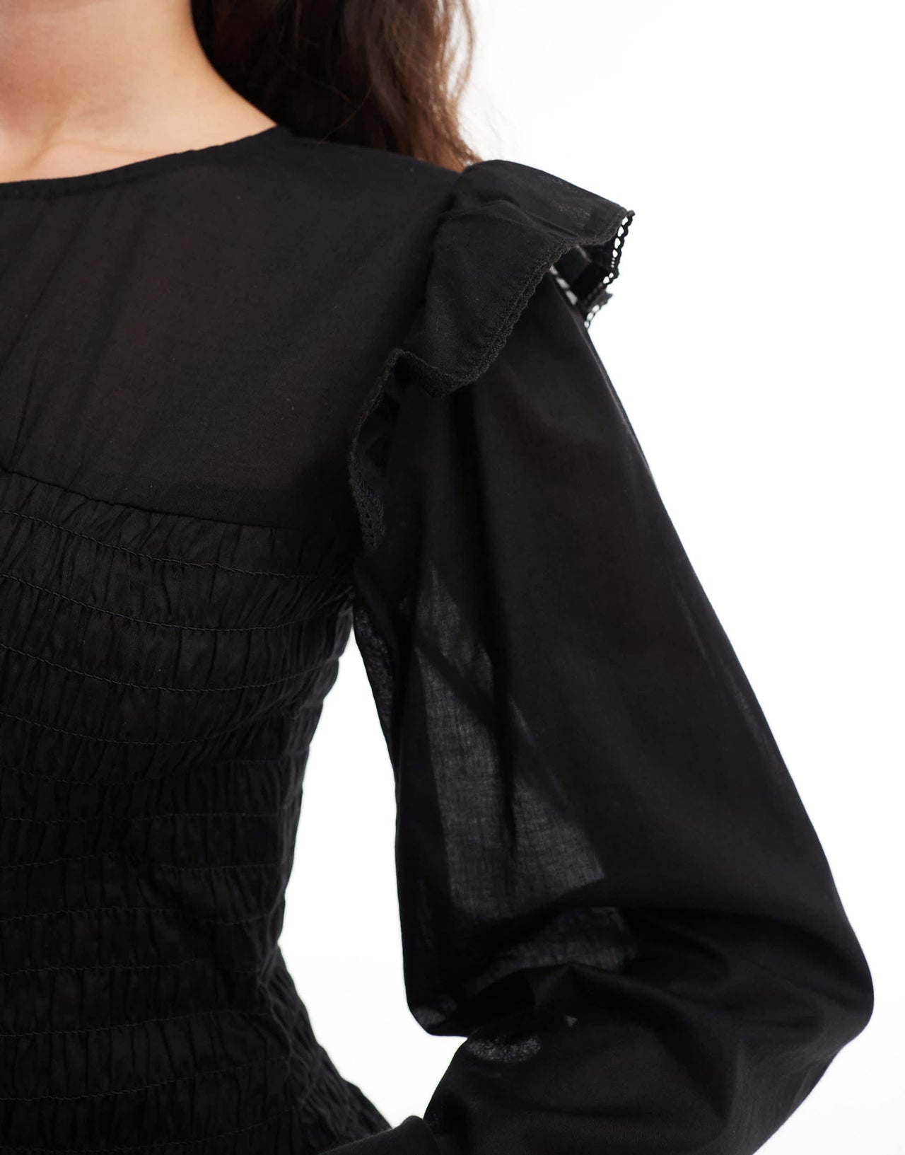 ASOS DESIGN shirred bodice blouse with broderie trim detail in black