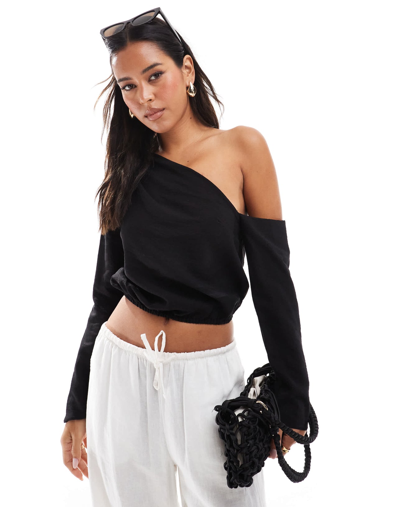 ASOS DESIGN linen look off shoulder top in black
