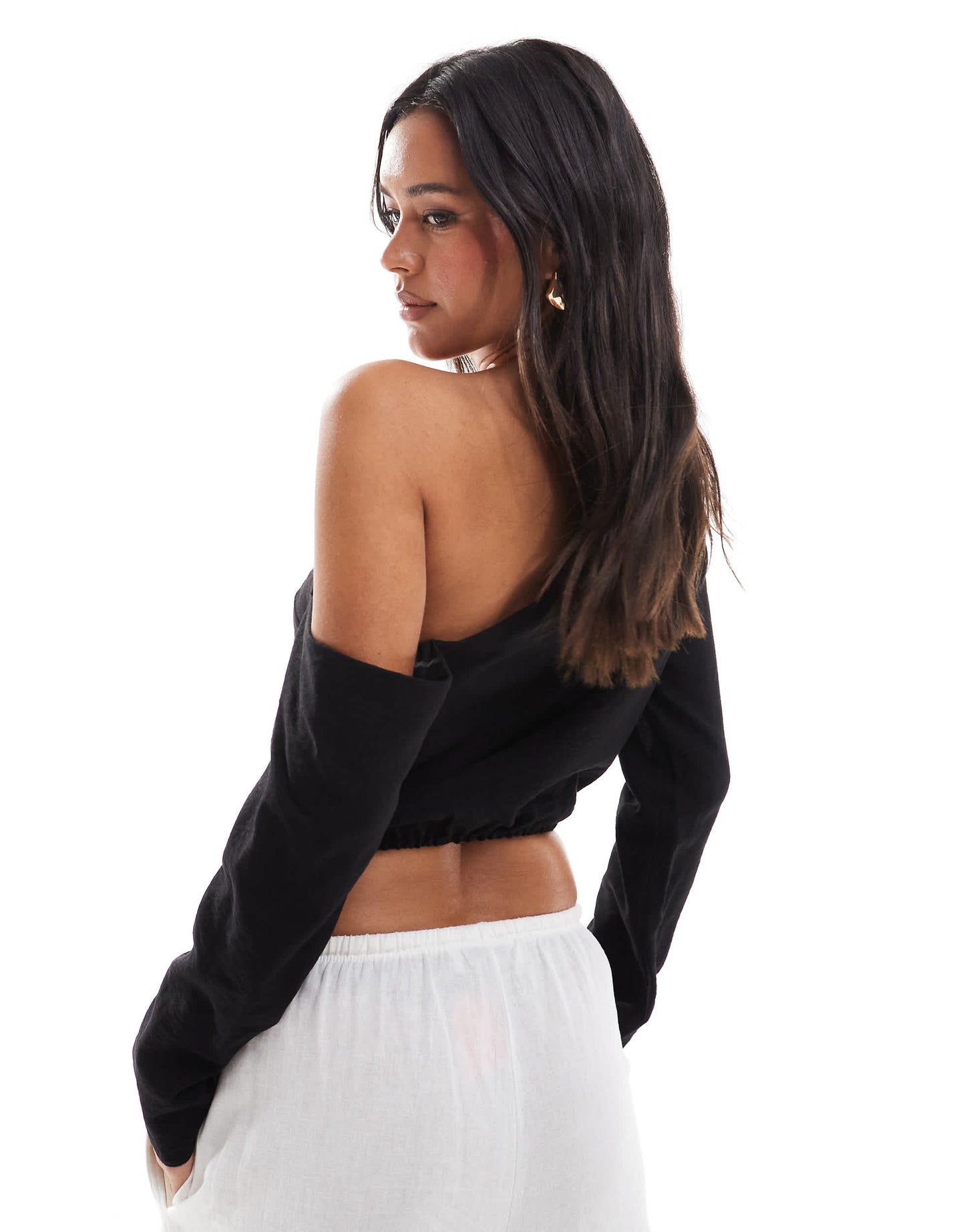 ASOS DESIGN linen look off shoulder top in black