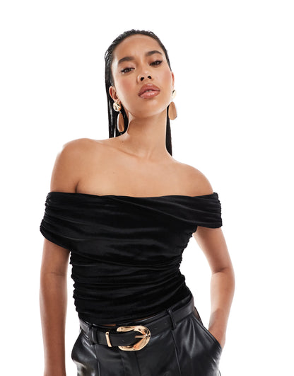 Kaiia exclusive double layered slinky drape off shoulder top in black