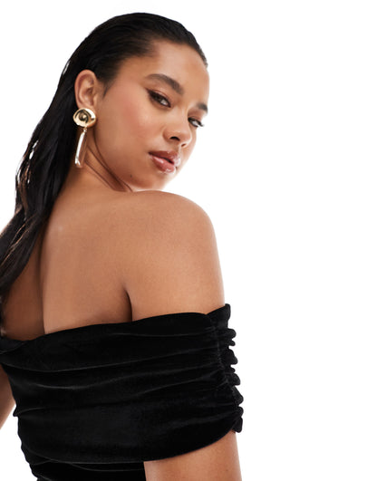 Kaiia exclusive double layered slinky drape off shoulder top in black