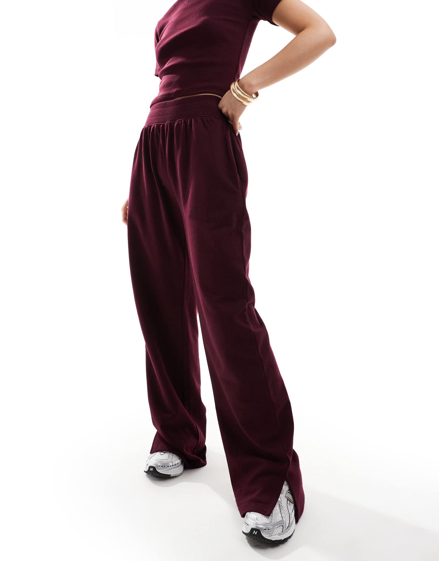 Kaiia cotton rich wide leg joggers co-ord in burgundy