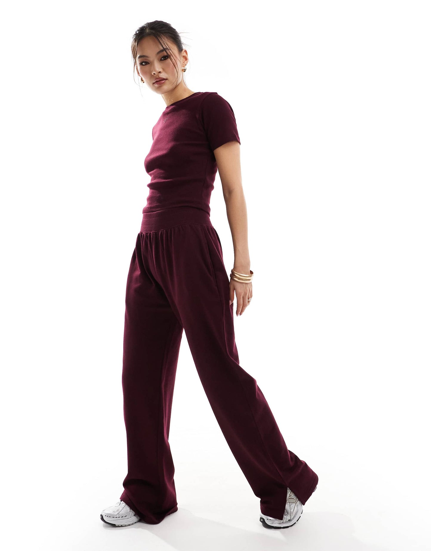 Kaiia cotton rich wide leg joggers co-ord in burgundy