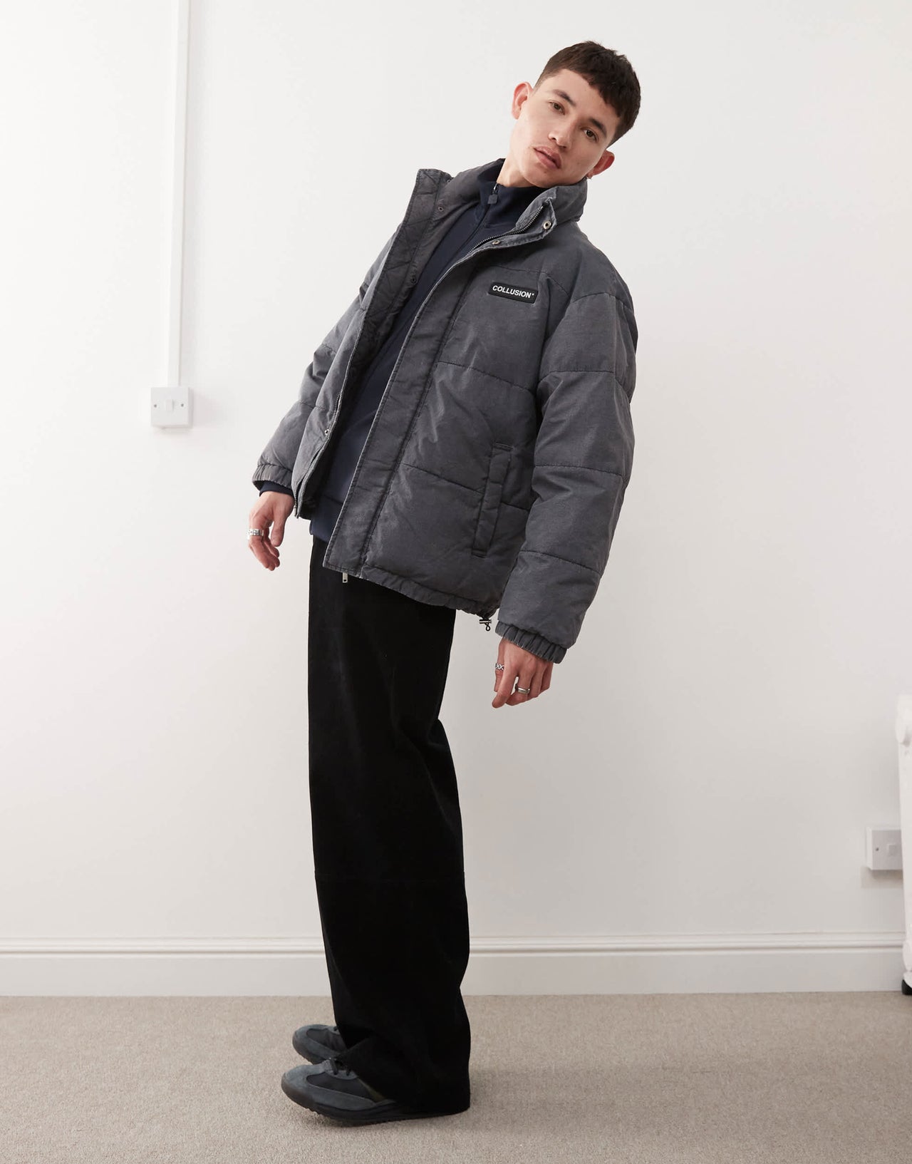 COLLUSION washed look funnel neck puffer jacket in grey