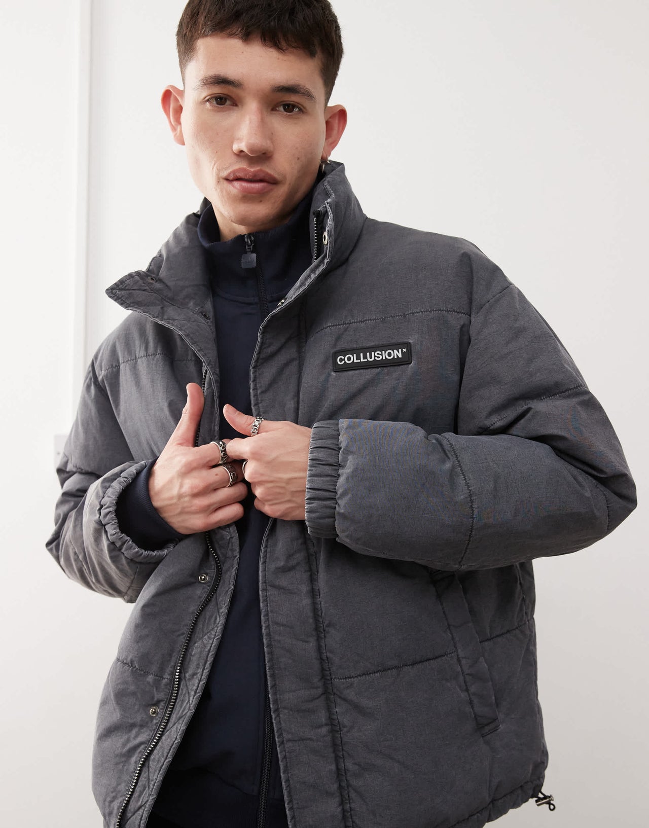 COLLUSION washed look funnel neck puffer jacket in grey