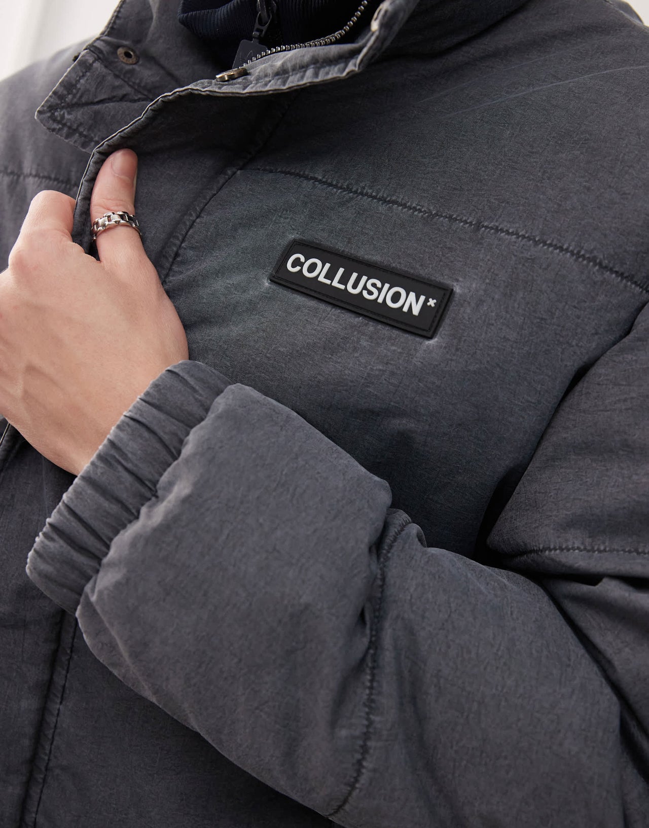 COLLUSION washed look funnel neck puffer jacket in grey