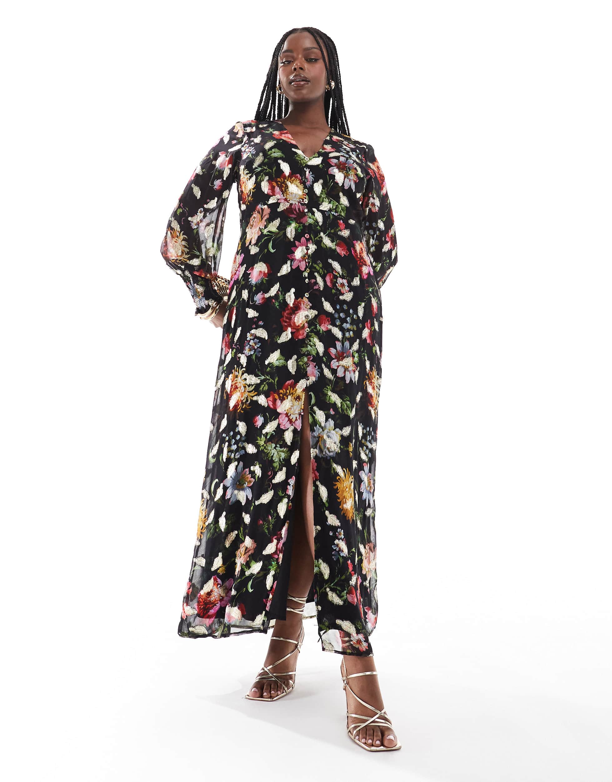 Hope & Ivy Plus button front midaxi dress with tie back in black based floral with gold fleck