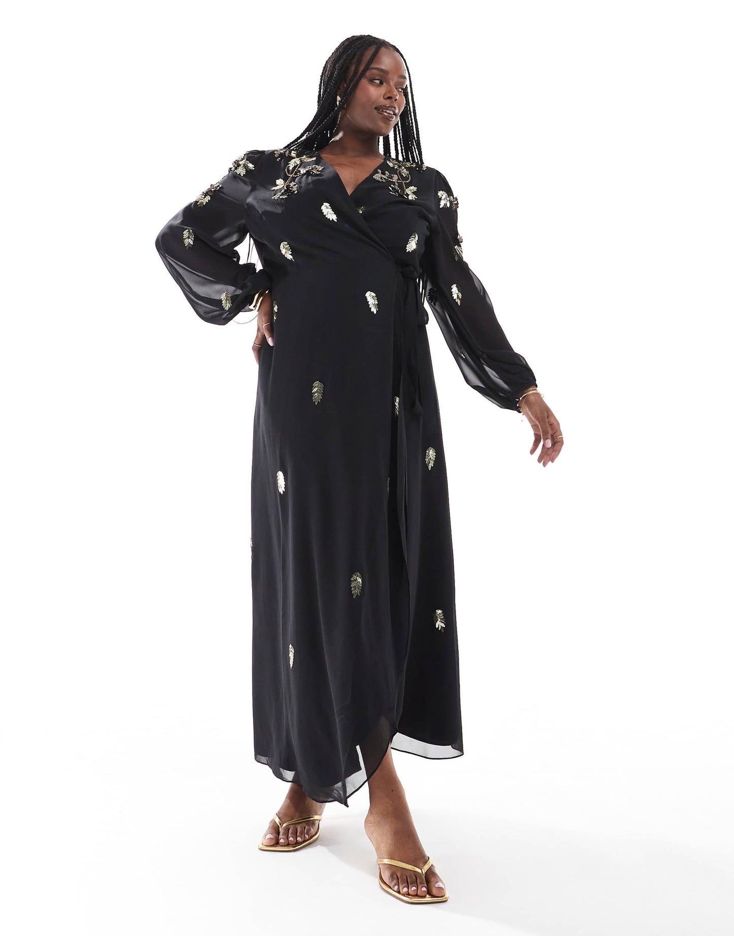 Hope & Ivy Plus wrap front maxi dress with gold embellishment in black