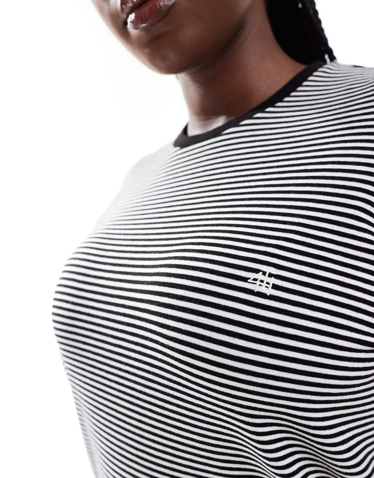 4th & Reckless Plus exclusive long sleeve embroidered logo top in black and white stripe