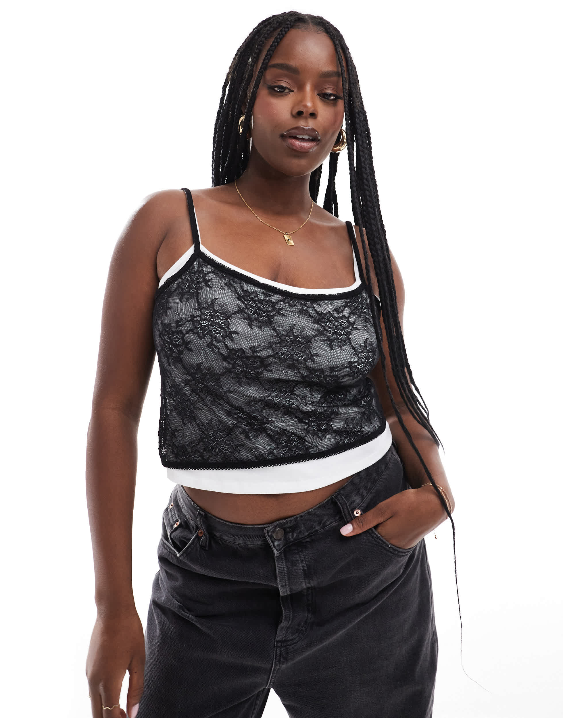 ASOS DESIGN Curve contrast double layer vest with lace overlay in mono