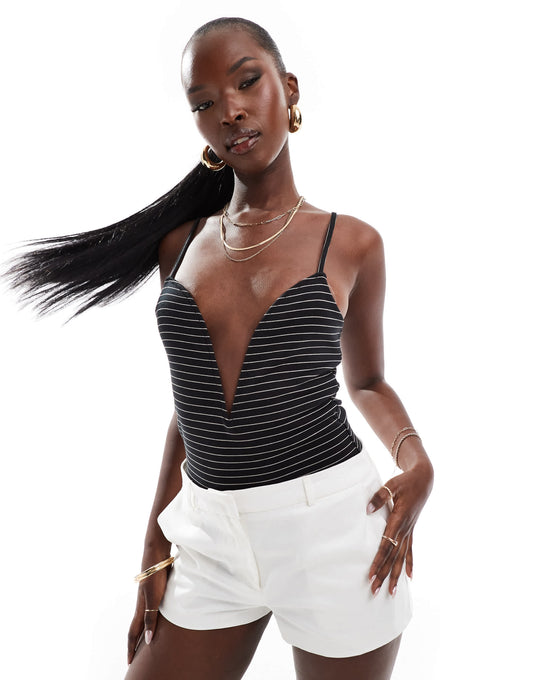 ASOS DESIGN plunge v bar bodysuit in stripe