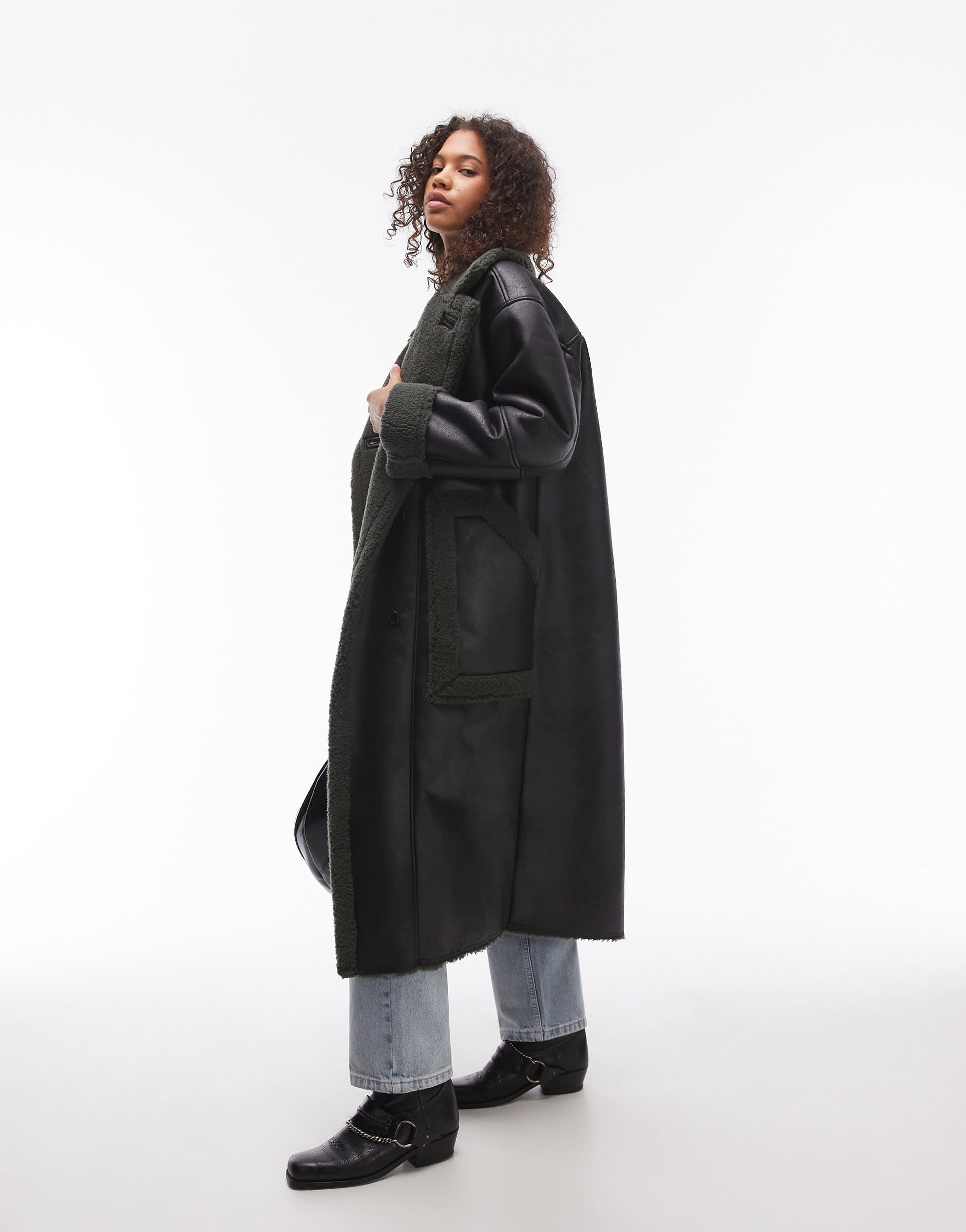 Topshop oversized long car coat in black and green