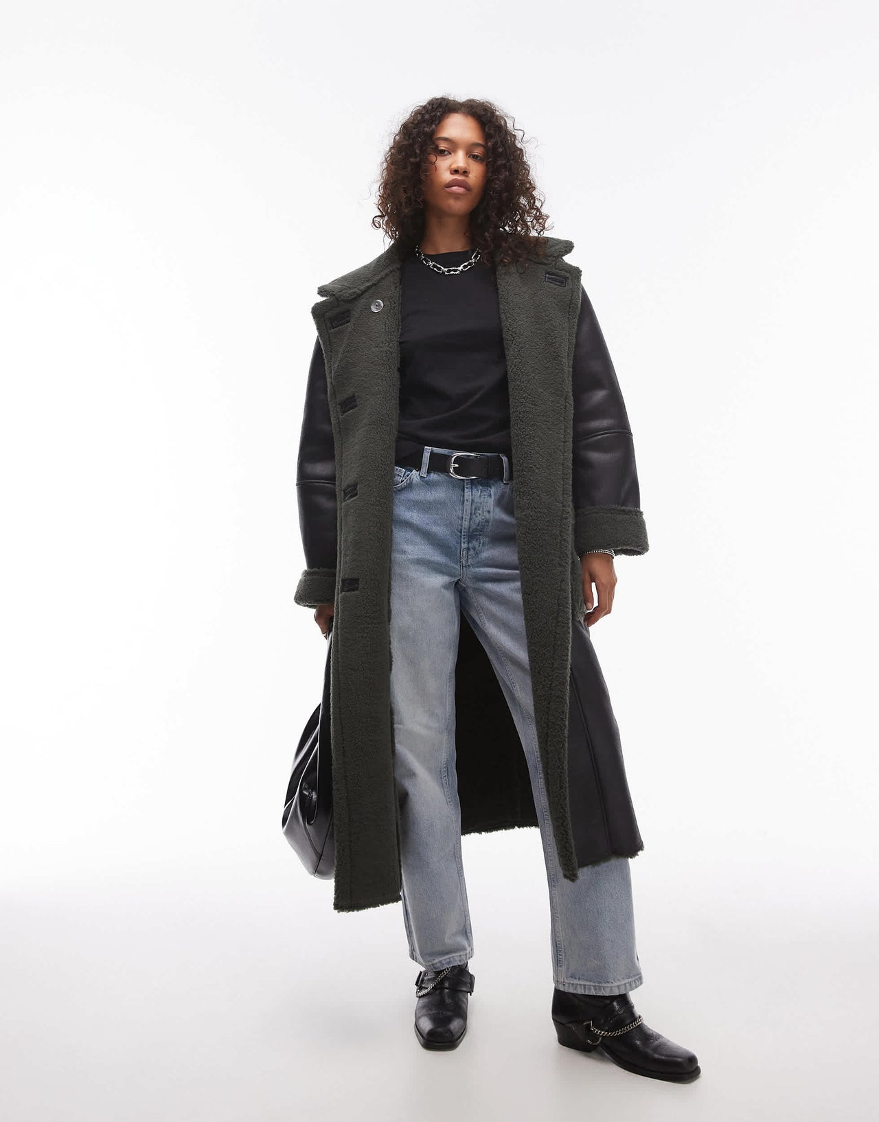Topshop oversized long car coat in black and green