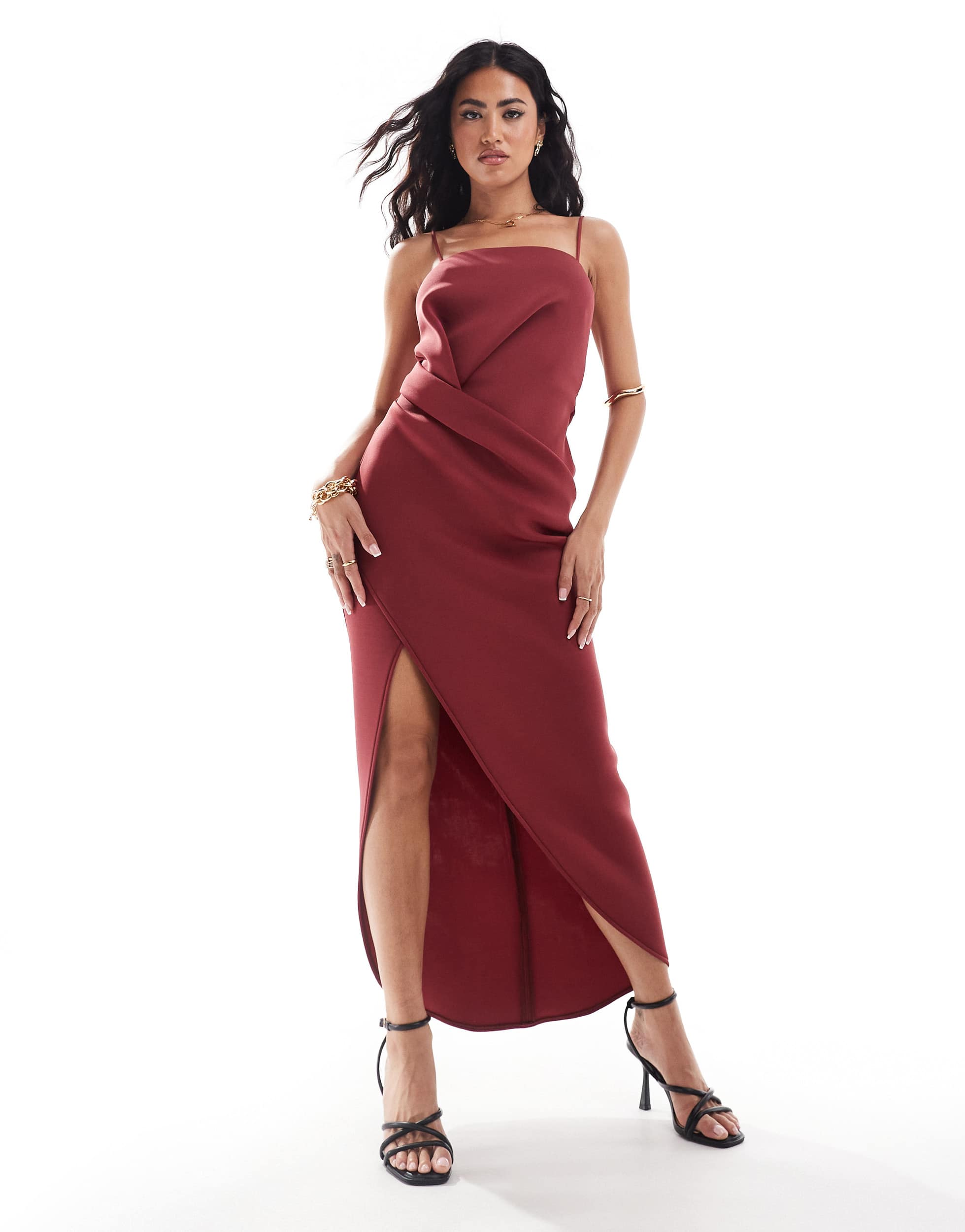 ASOS DESIGN soft manipulated square neck cami midi dress with wrap skirt in dark red