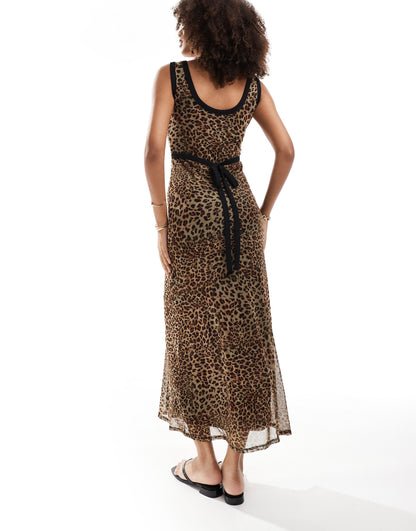ASOS DESIGN mesh tie back midaxi dress with contrast binding in leopard print - MULTI