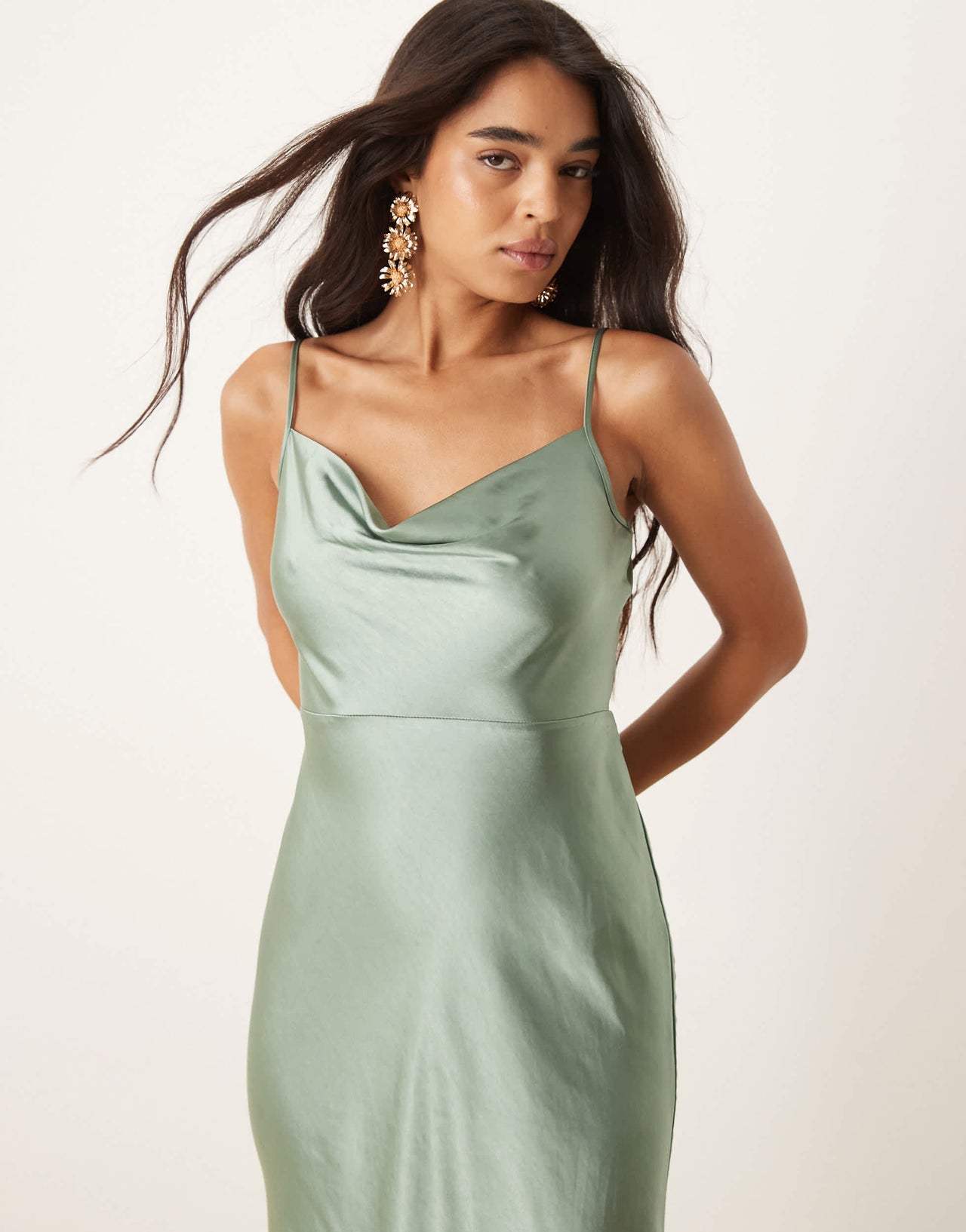 Pretty Lavish Bridesmaid Keisha satin cowl neck maxi dress in eucalyptus