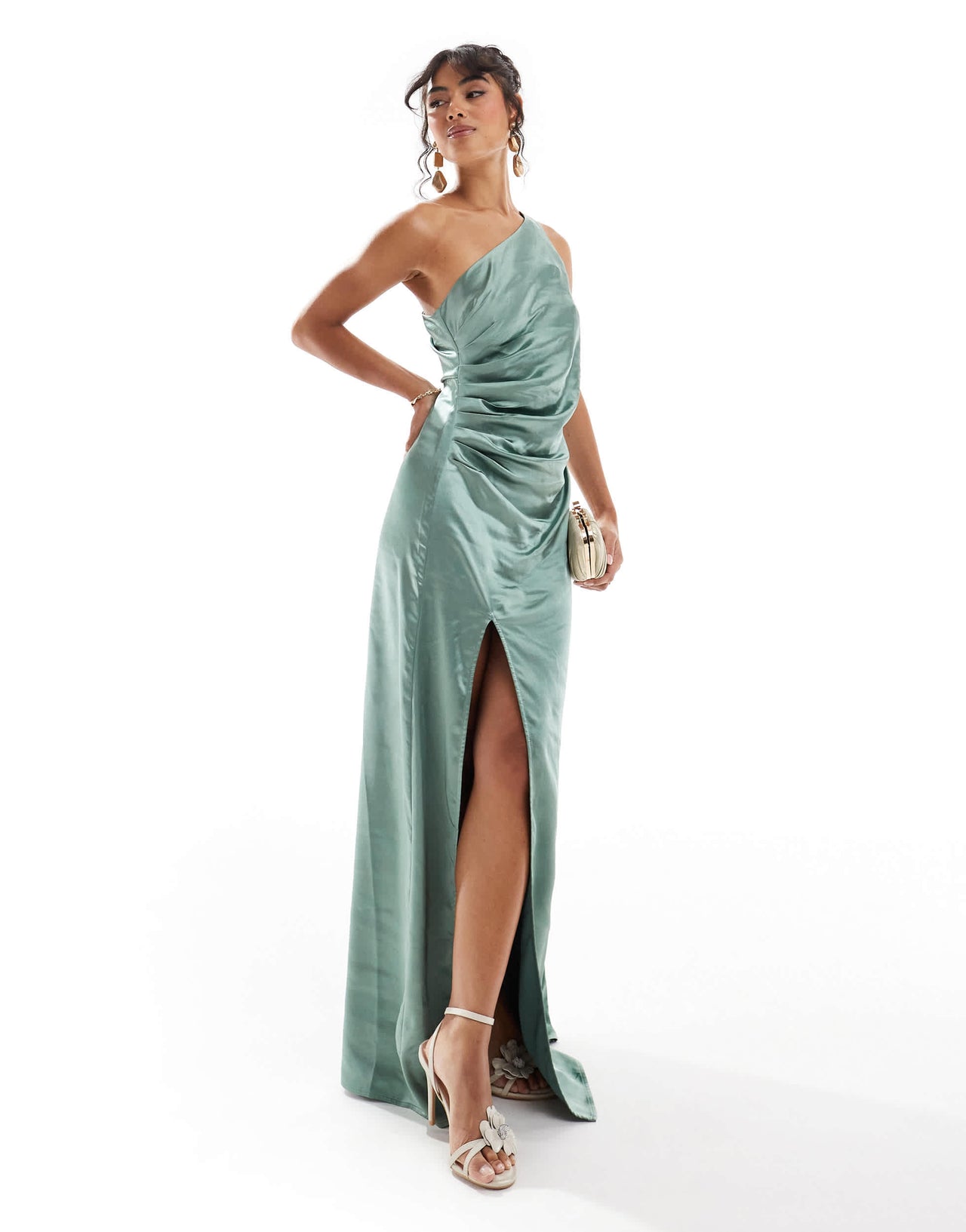 Pretty Lavish Bridesmaid Amelia one shoulder ruched satin maxi dress in eucalyptus