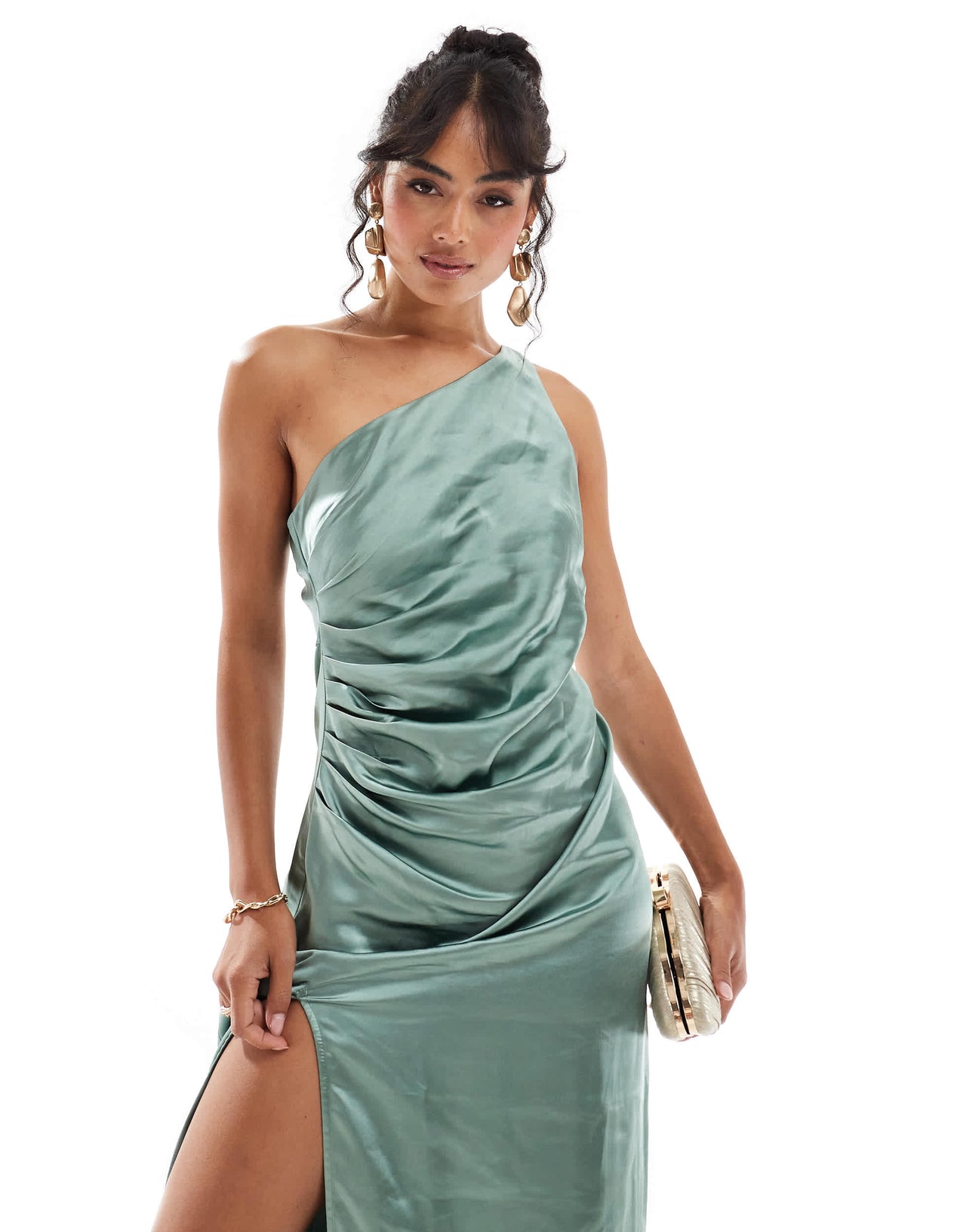 Pretty Lavish Bridesmaid Amelia one shoulder ruched satin maxi dress in eucalyptus
