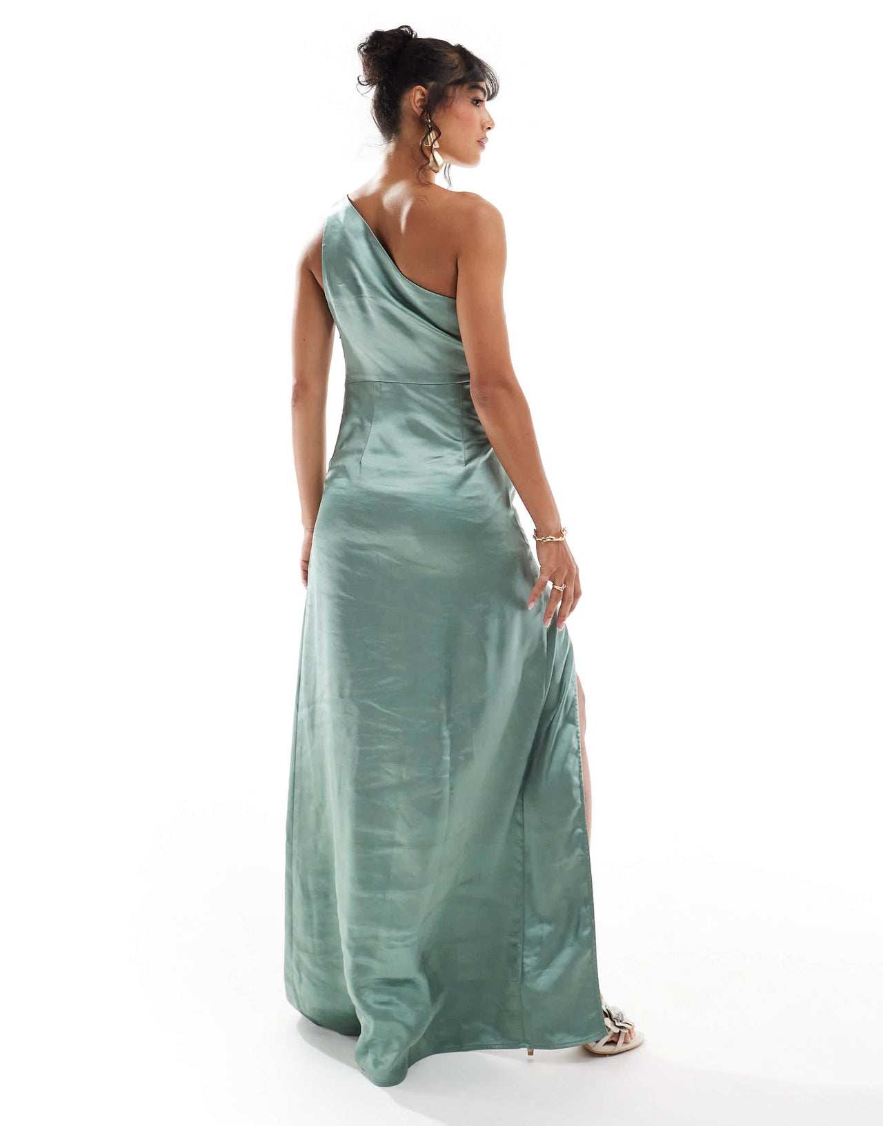 Pretty Lavish Bridesmaid Amelia one shoulder ruched satin maxi dress in eucalyptus