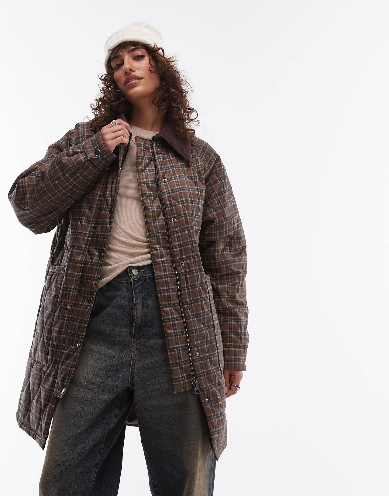 Topshop check long nylon coat with cord collar