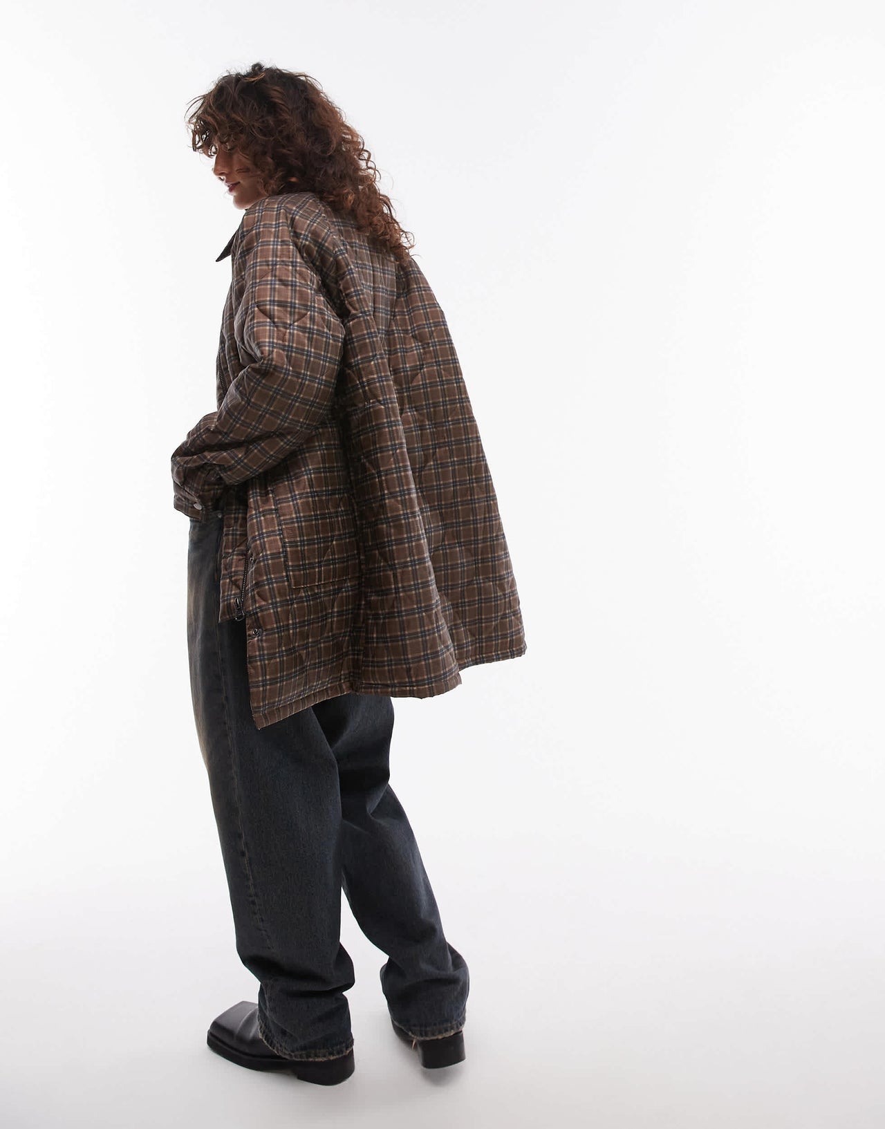 Topshop check long nylon coat with cord collar