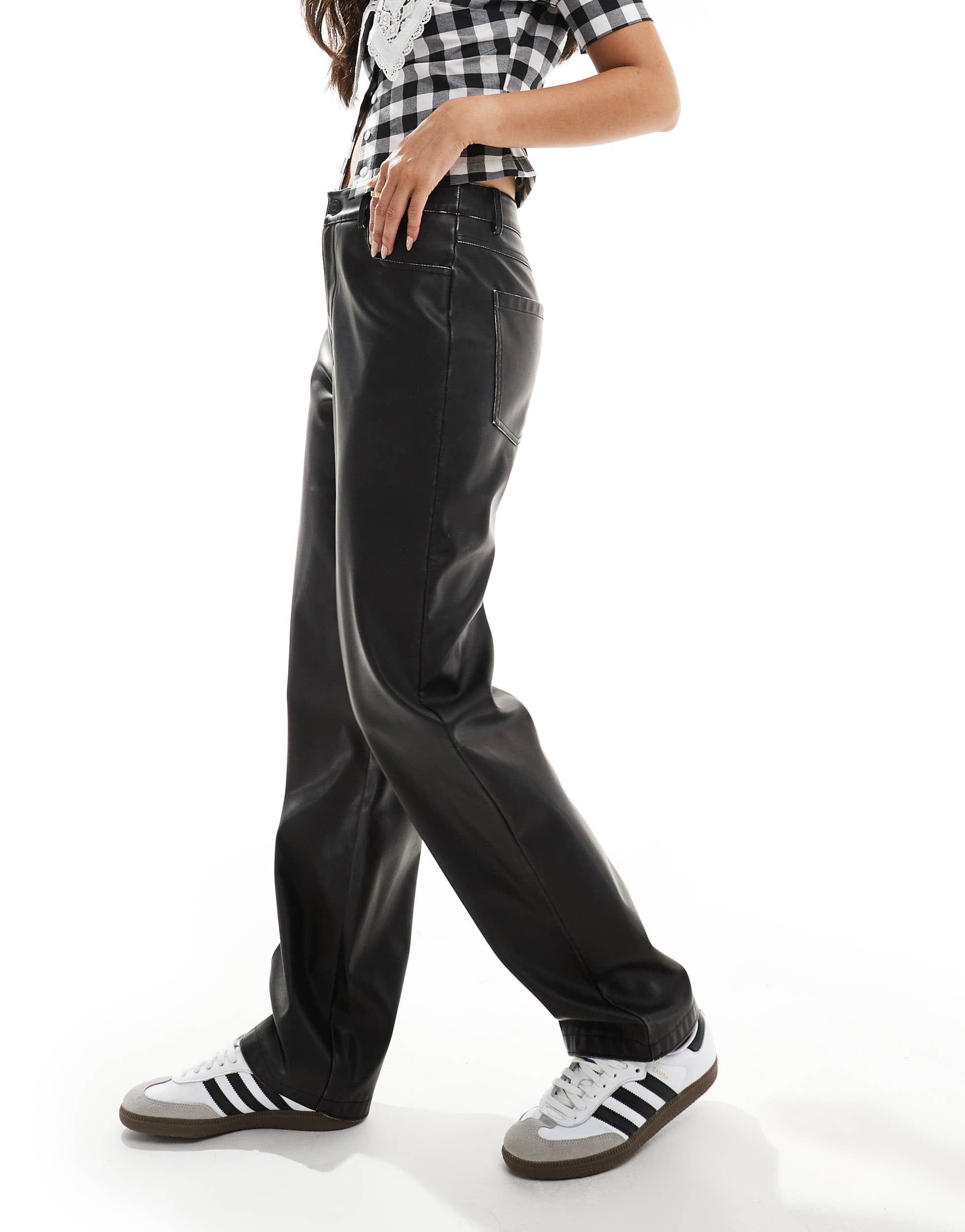 ASOS DESIGN faux leather straight leg trousers in washed black