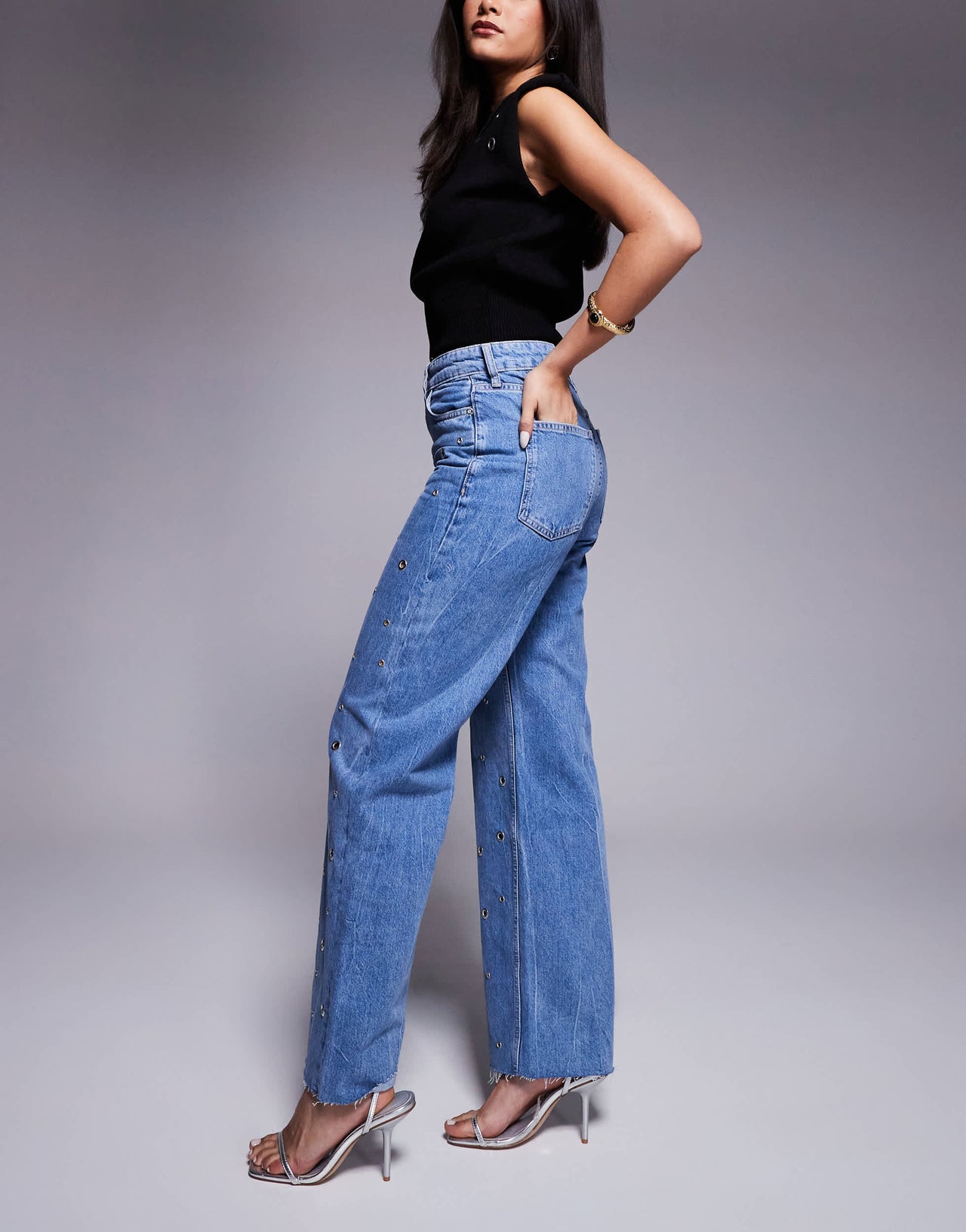 River Island relaxed straight leg jean with eyelet detail in midwash blue