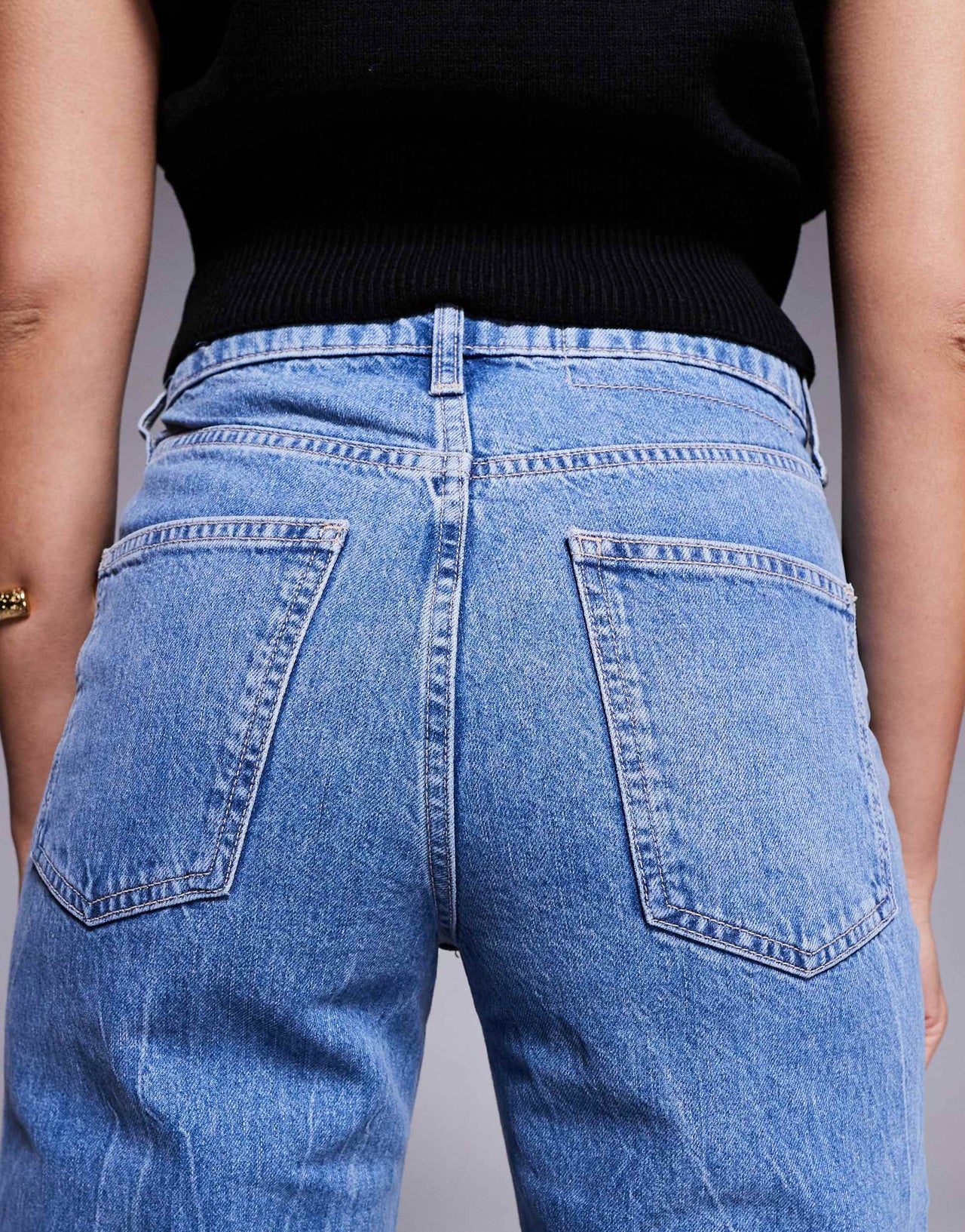 River Island relaxed straight leg jean with eyelet detail in midwash blue