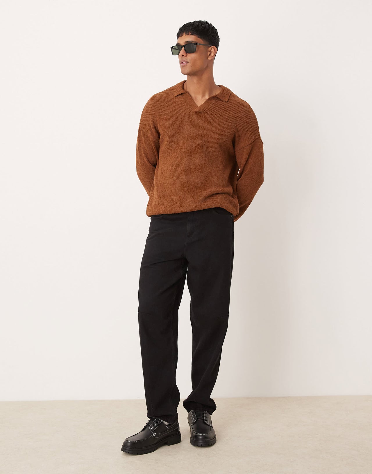 ASOS DEISGN relaxed knitted notch neck texture jumper in tan