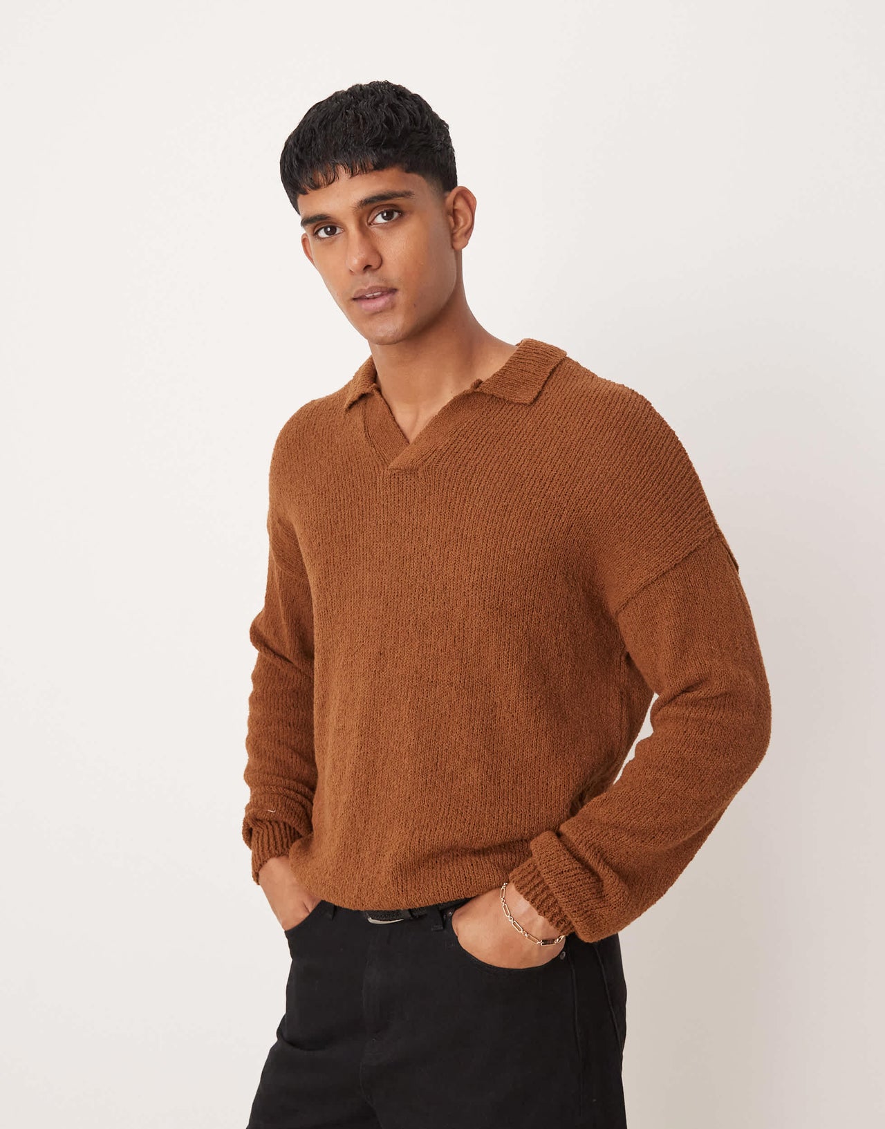 ASOS DEISGN relaxed knitted notch neck texture jumper in tan