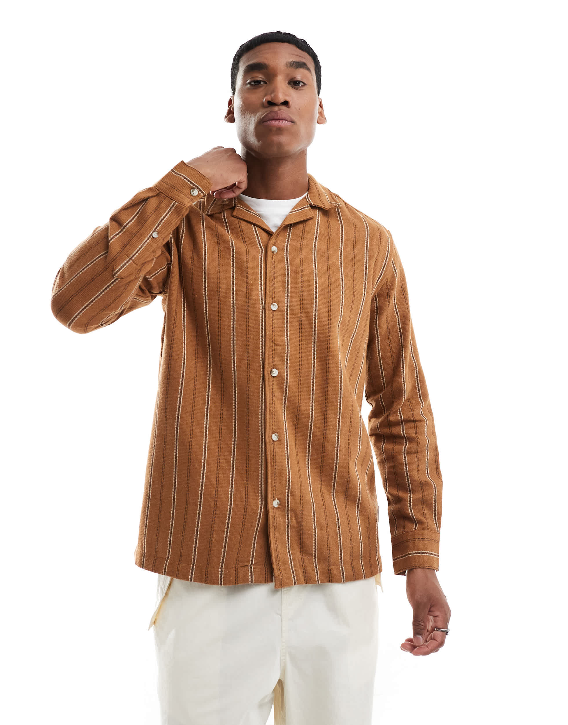 ONLY & SONS relaxed long sleeve shirt in light brown stripe
