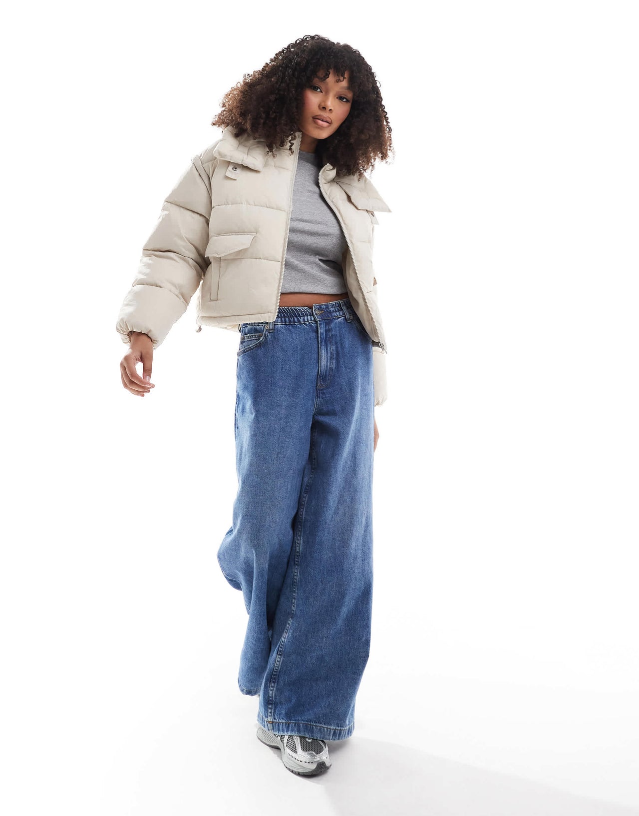 Stradivarius STR cropped puffer jacket in ecru