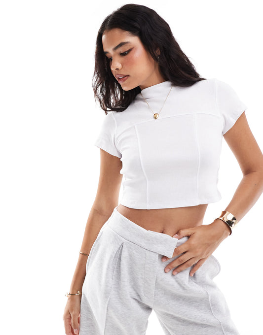Pieces ribbed racer seam detail t-shirt in white