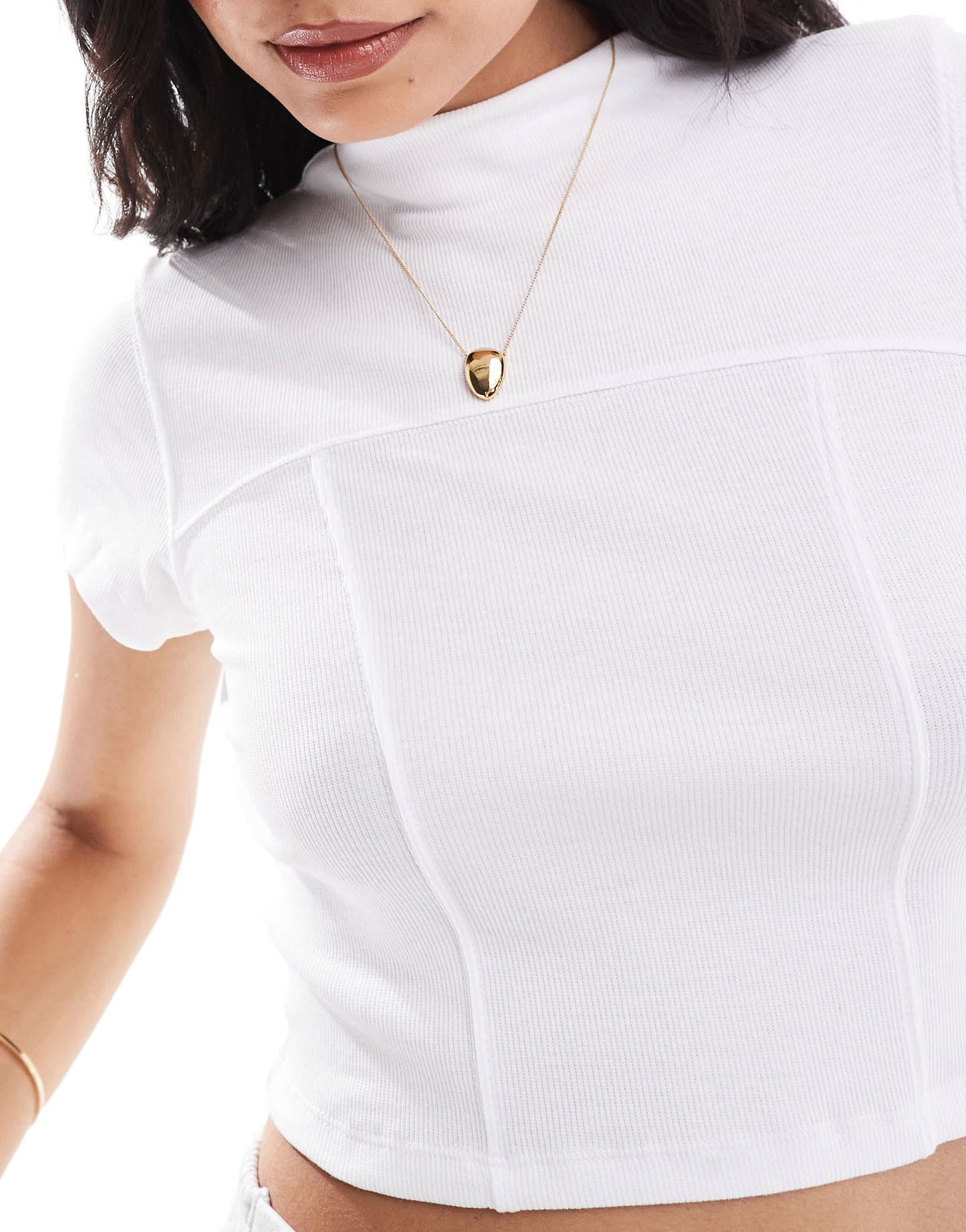 Pieces ribbed racer seam detail t-shirt in white