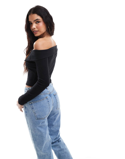 Pieces off the shoulder zip through long sleeve top in black