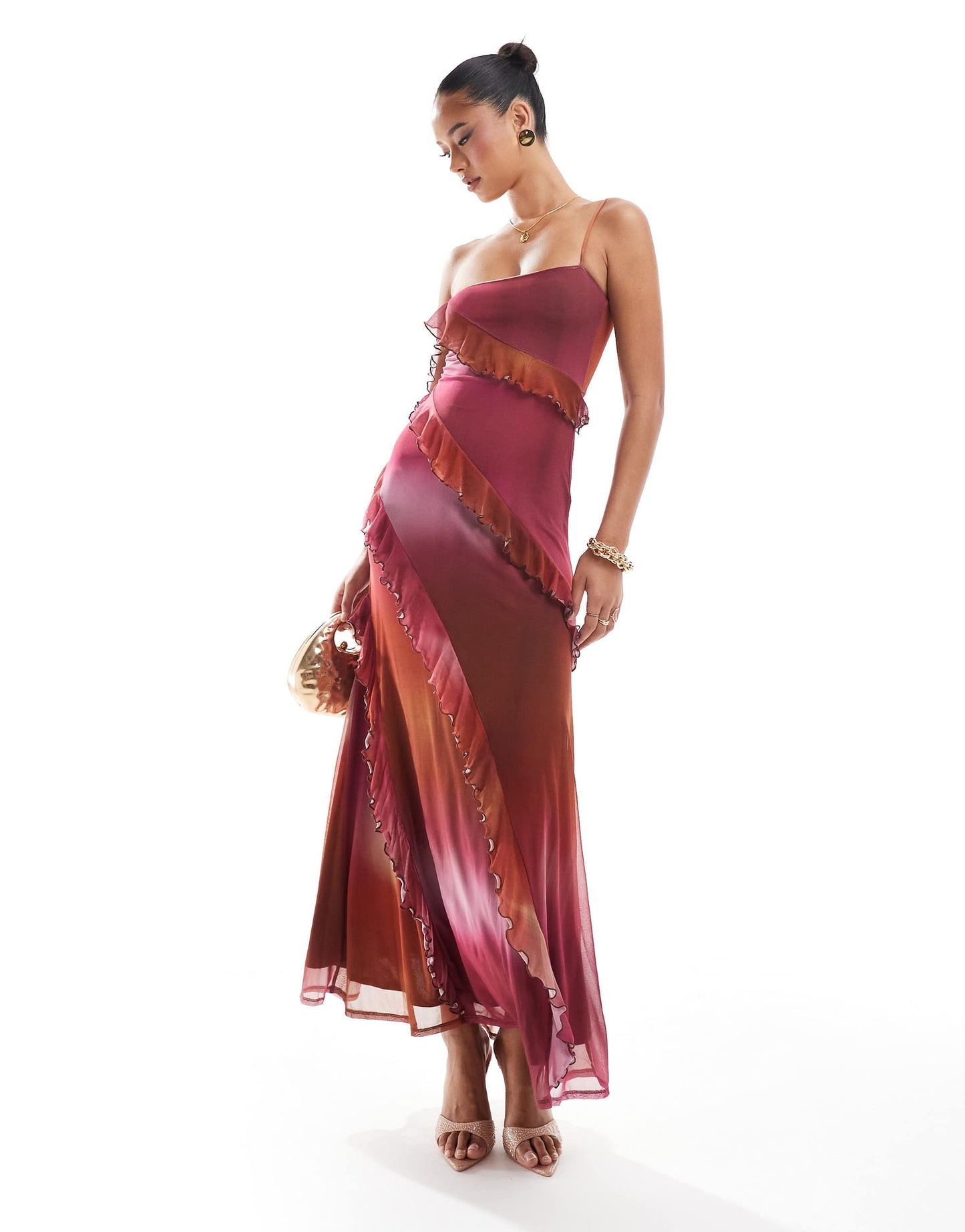 ASOS DESIGN mesh off shoulder ruffle detail maxi dress in pink ombre print