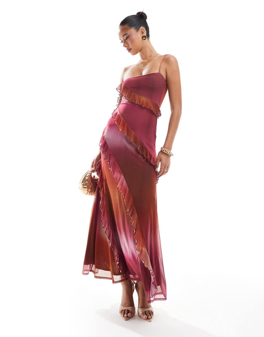 ASOS DESIGN mesh off shoulder ruffle detail maxi dress in pink ombre print